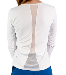 Enlace, blusa de manga larga con malla de red en la parte delantera y trasera